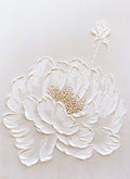 A white peony sculpted with gold-flecked centre on white