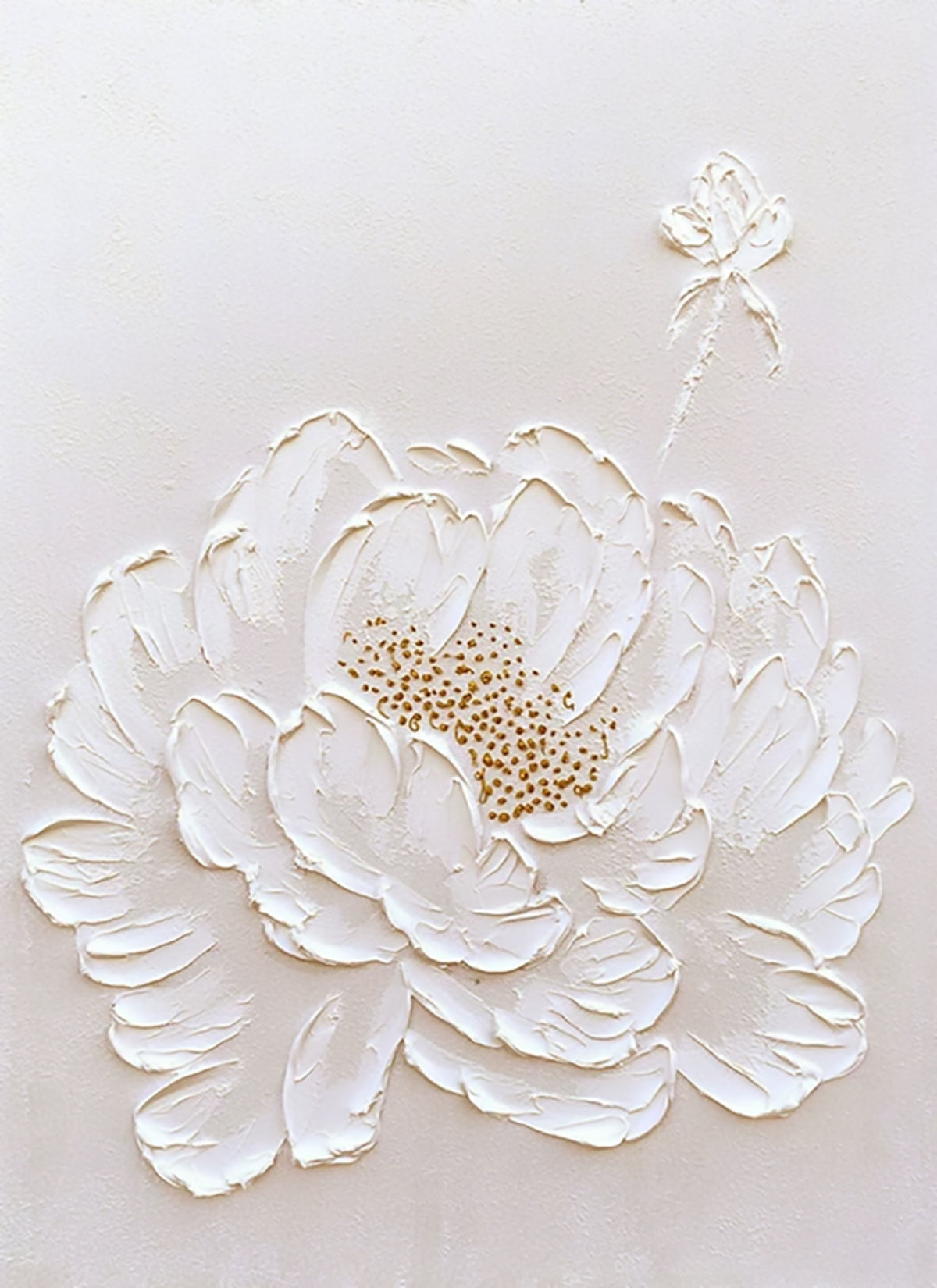 A white peony sculpted with gold-flecked centre on white