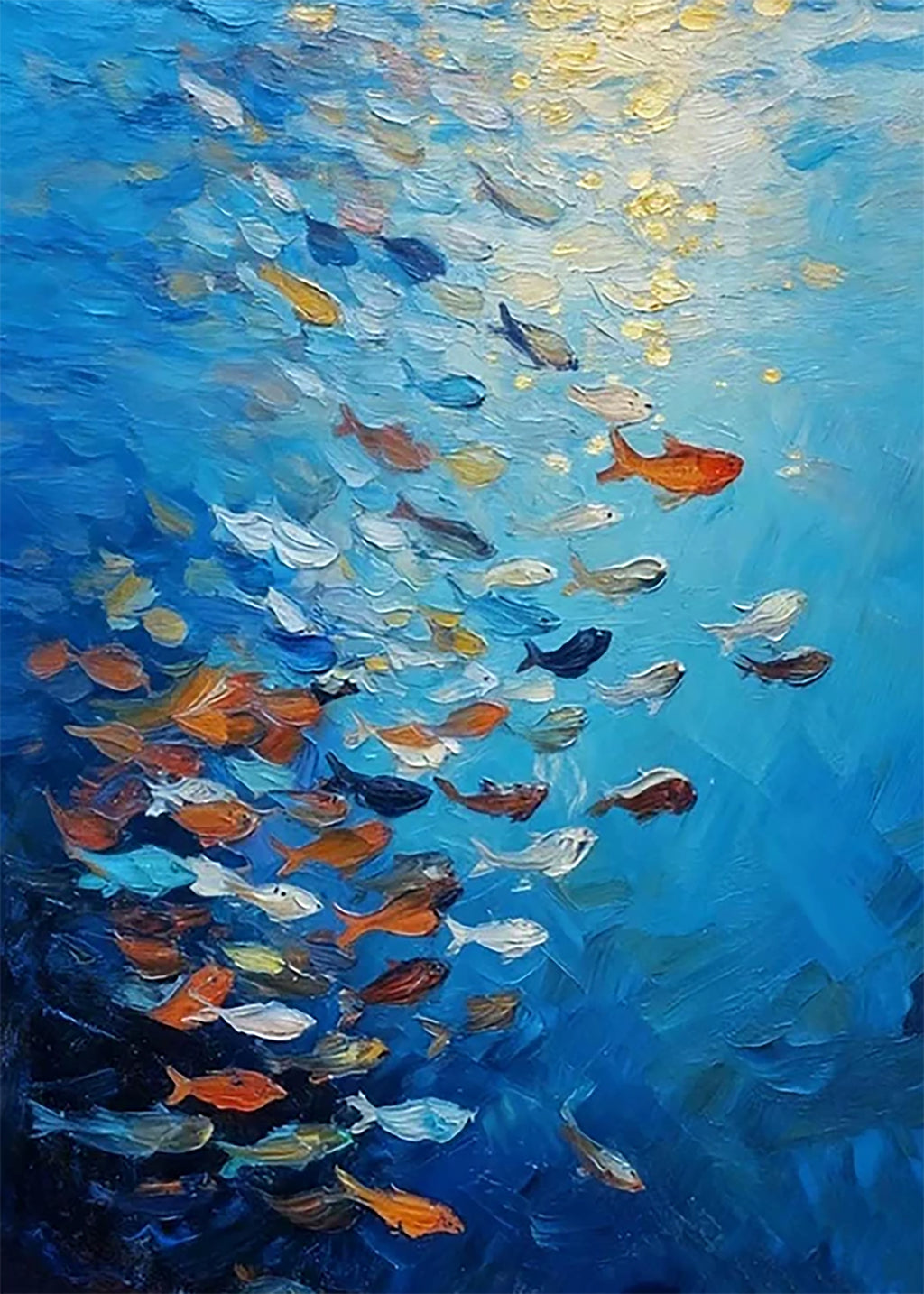 A shoal of bright fish swimming up through sunlit blue water