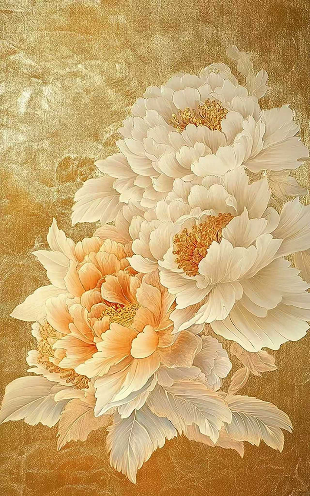 Creamy peonies blooming against a burnished gold ground