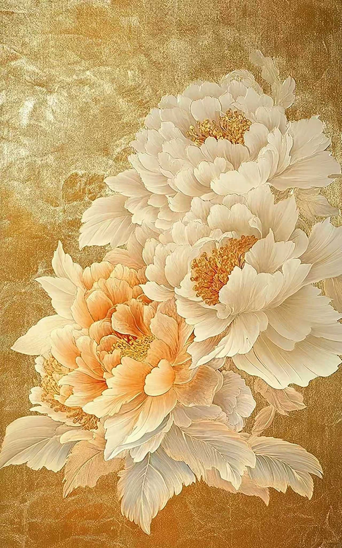 Creamy peonies blooming against a burnished gold ground
