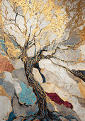 A gold-limbed tree over marbled planes of grey, blue and red