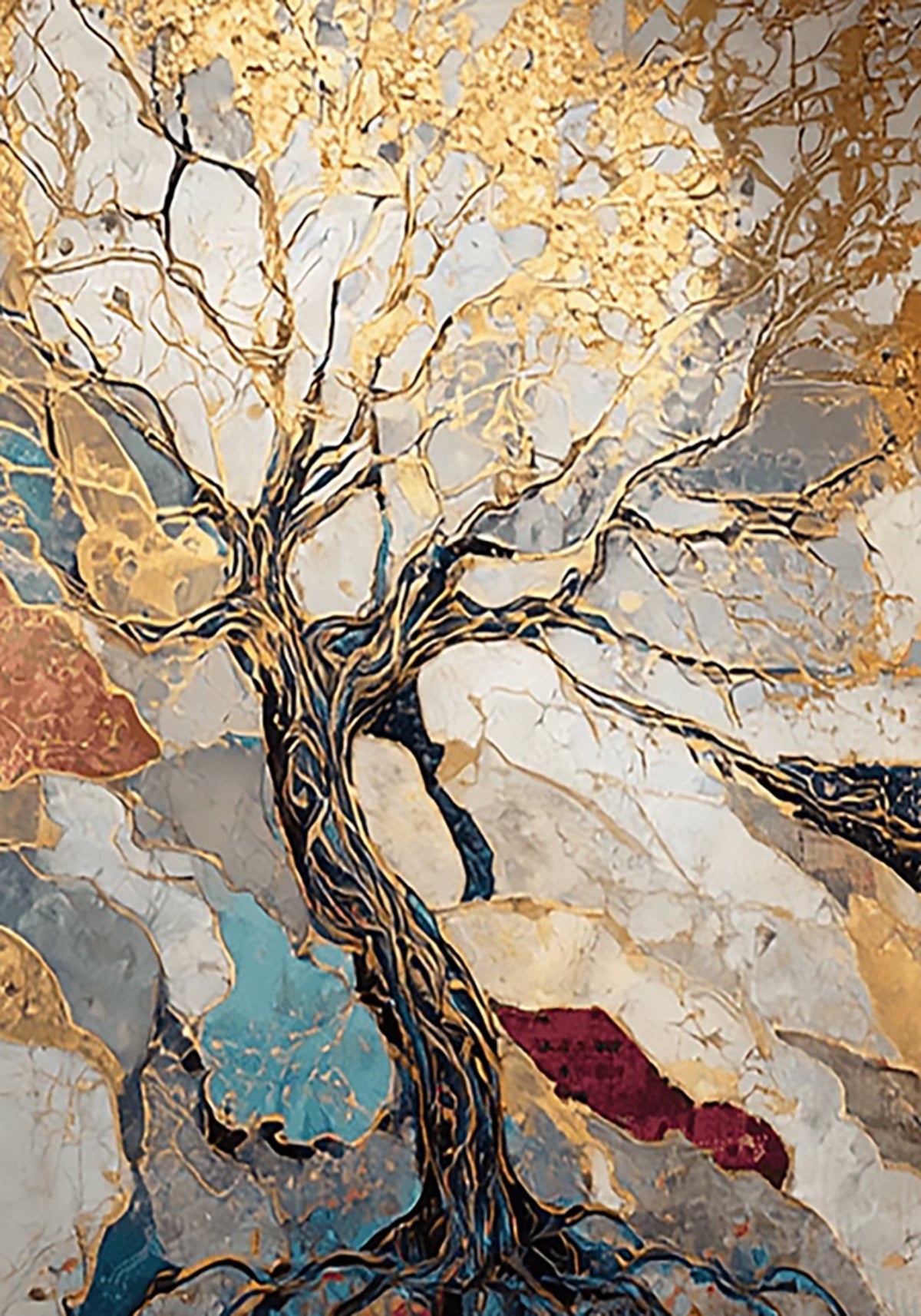 A gold-limbed tree over marbled planes of grey, blue and red