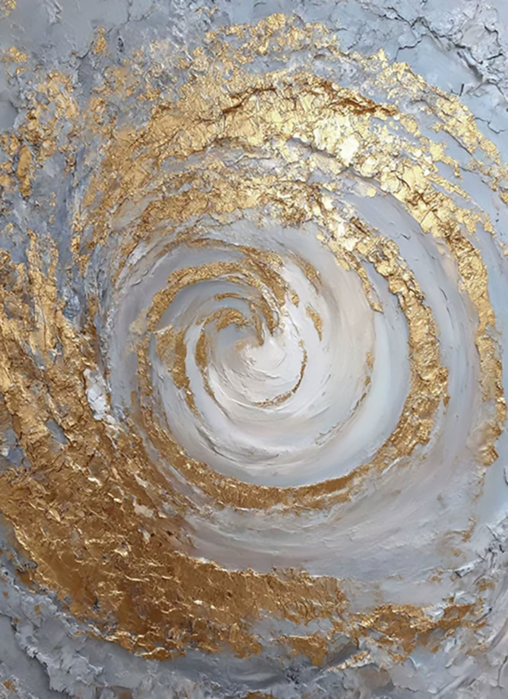 A swirling vortex of gold leaf and white paint on grey