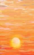 A pale sun sinking through bands of orange and coral cloud