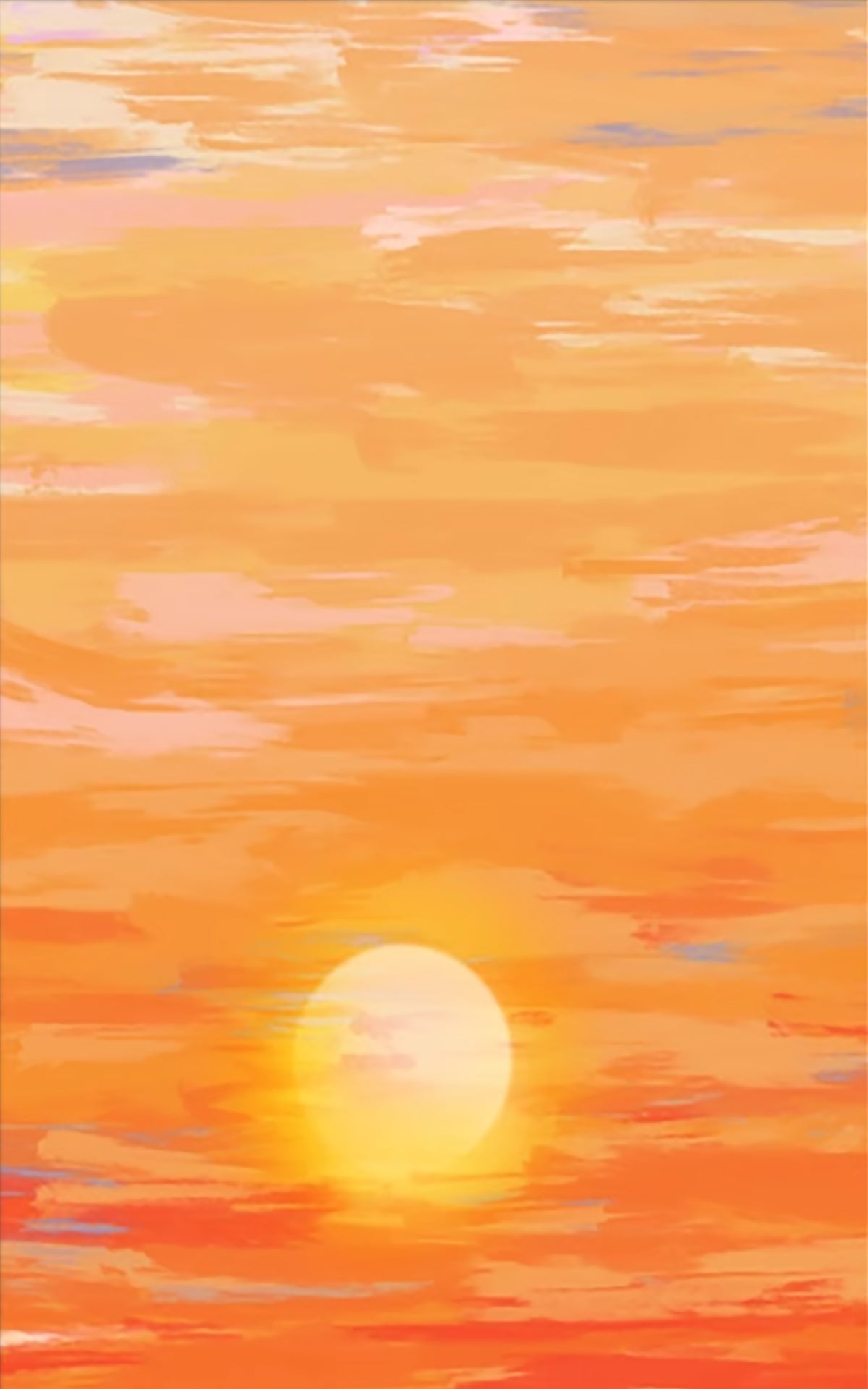 A pale sun sinking through bands of orange and coral cloud