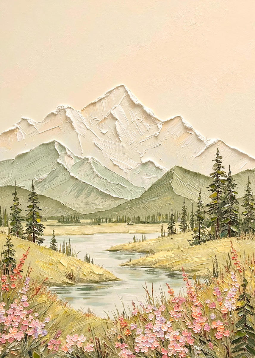 Snowy peaks above a pine-fringed lake and pink wildflowers