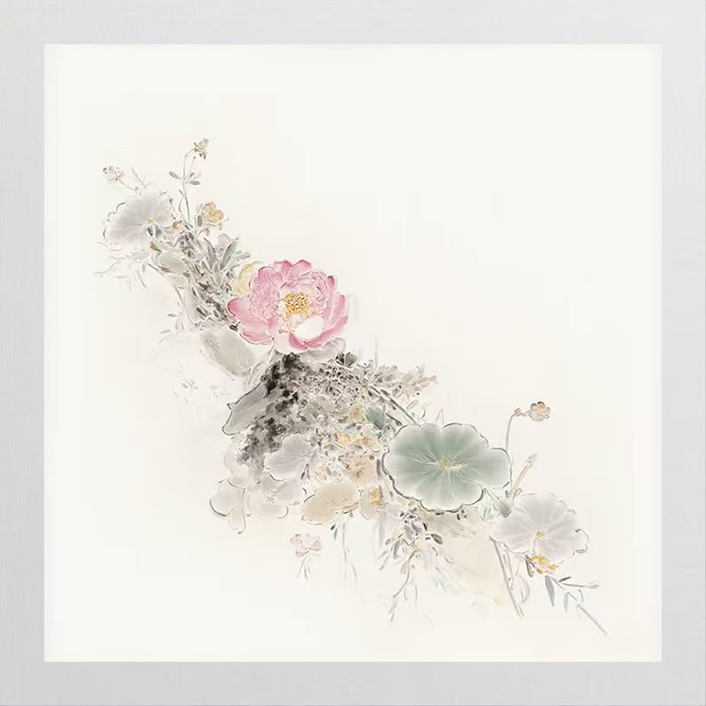 A pink lotus with leaves and grasses drifting across white