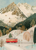 A red tram winding through snowy alpine hills and trees