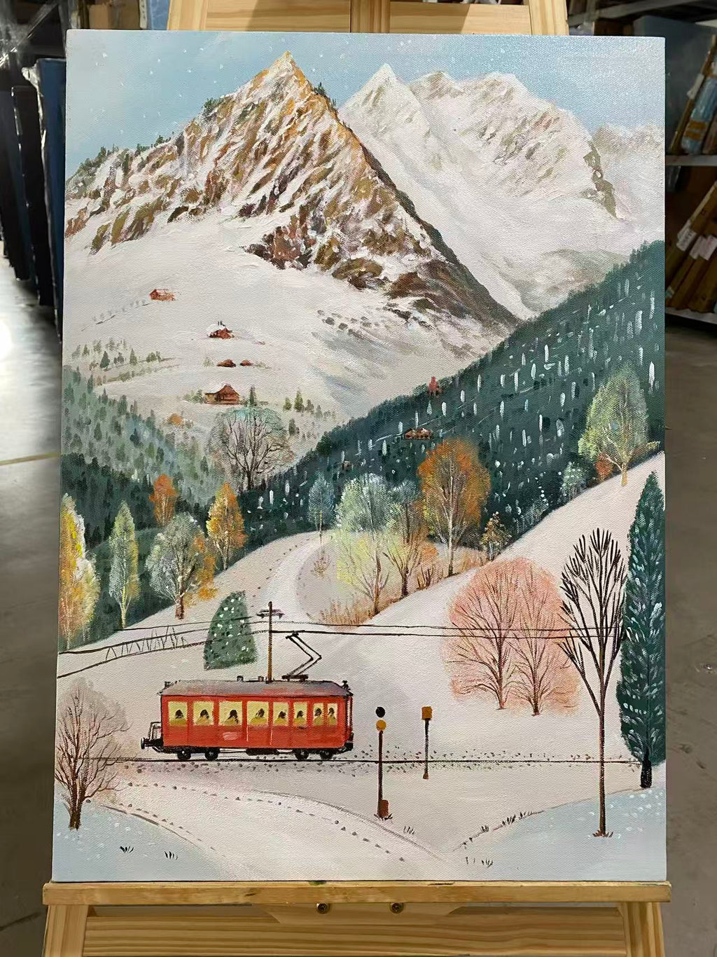 Red Tram in the Snowy Alps