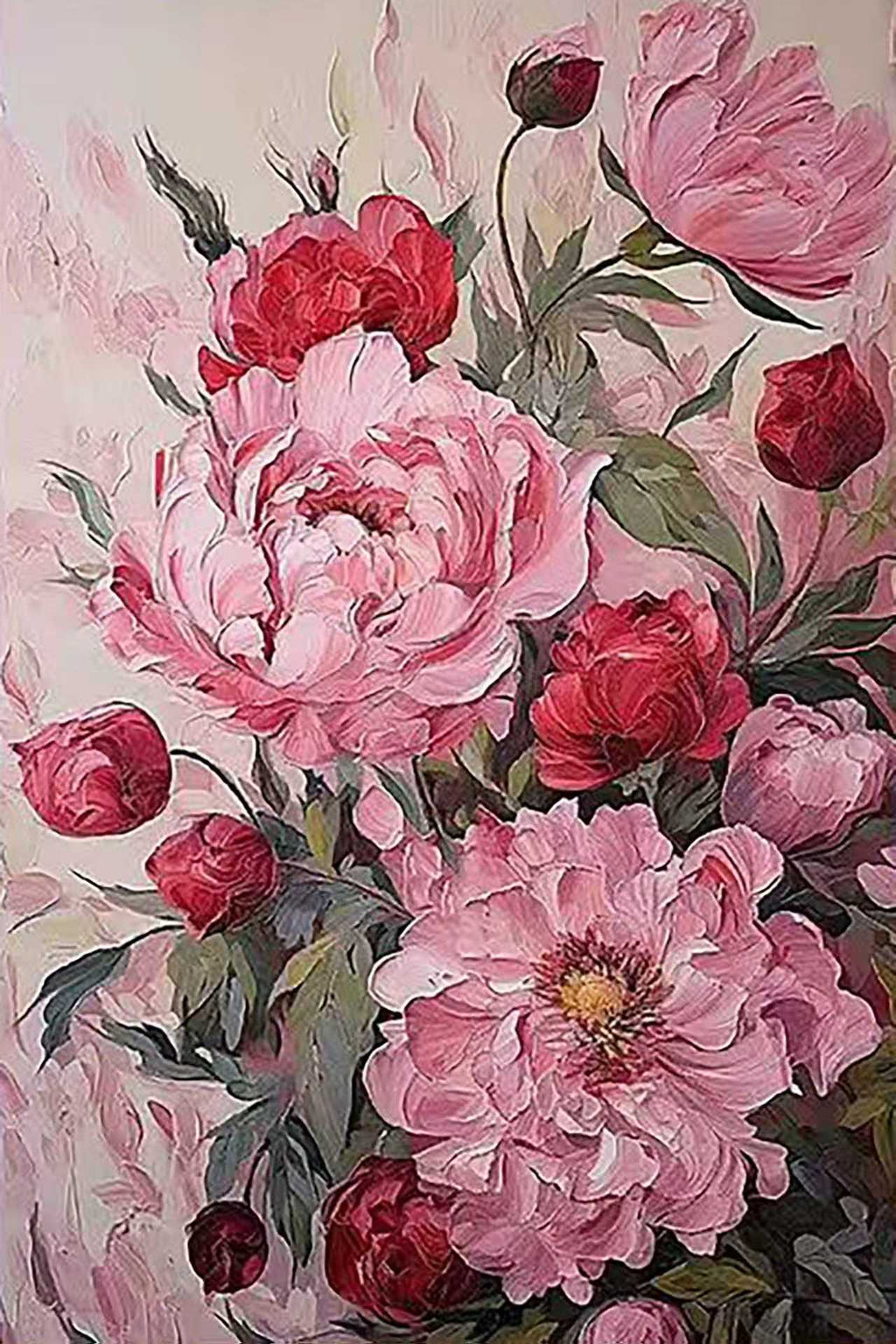 Crimson and pink peonies with buds on a pale ground