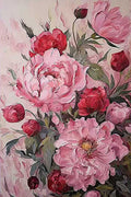 Crimson and pink peonies with buds on a pale ground