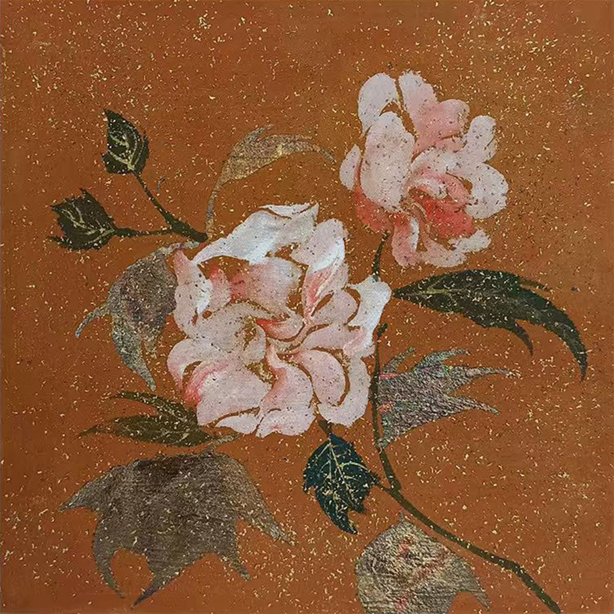 Pink camellias and dark leaves on a glittering copper ground