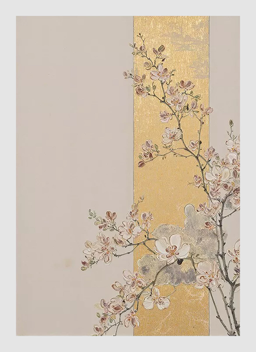 A blossom branch crossing a gold leaf panel on pale taupe