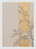 A blossom branch crossing a gold leaf panel on pale taupe