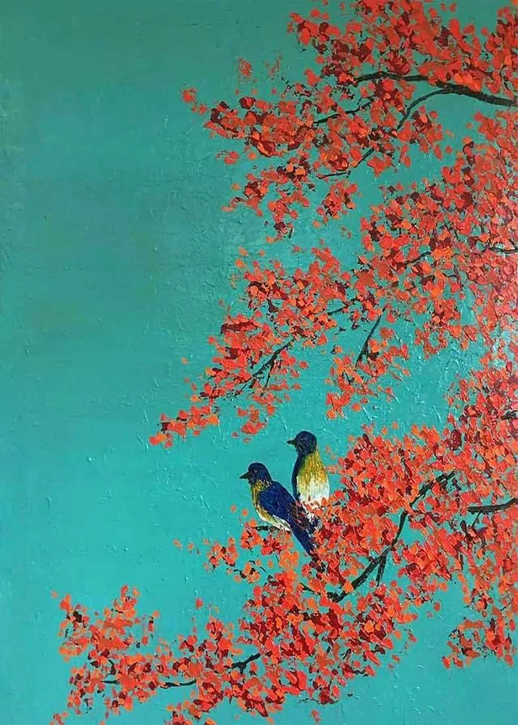 Two small birds among red blossoms on bright turquoise