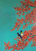 Two small birds among red blossoms on bright turquoise