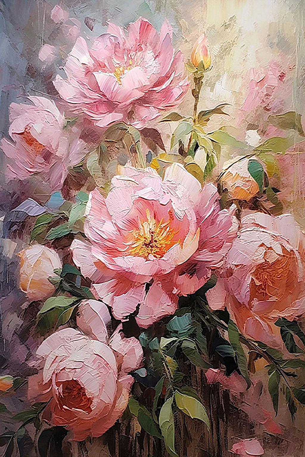 Lush pink peonies and buds in rich, saturated paint