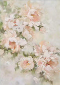 Pale pink peonies drifting in a misty green-grey ground