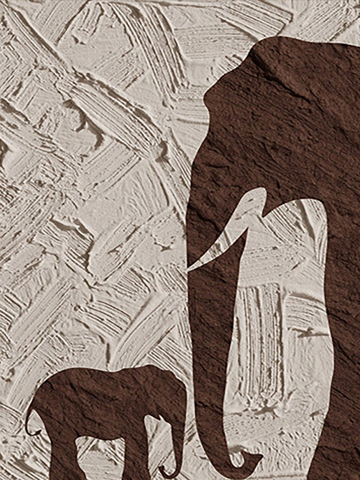 Brown elephant silhouettes against rough cream texture