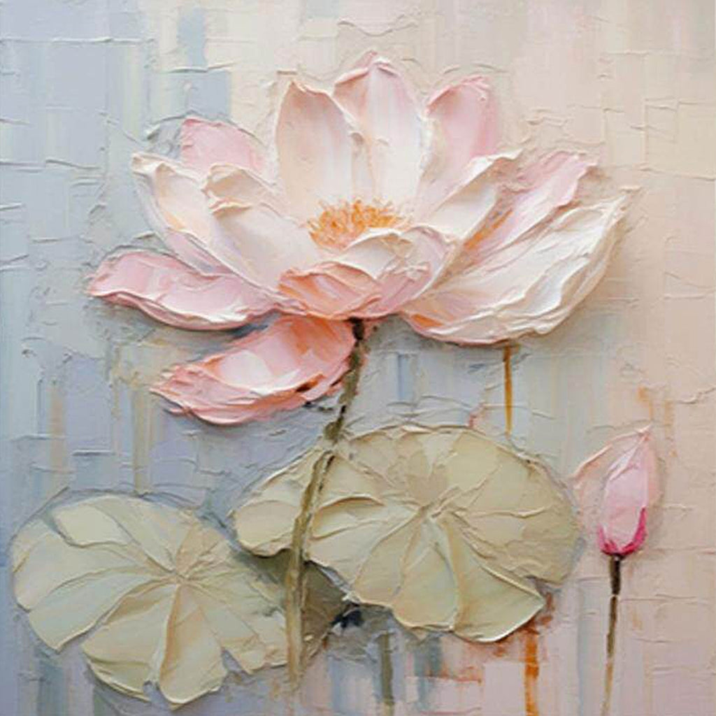 A pink lotus and pads sculpted in soft pastel paint