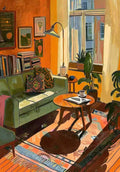 A sunny living room with a green sofa, books and plants