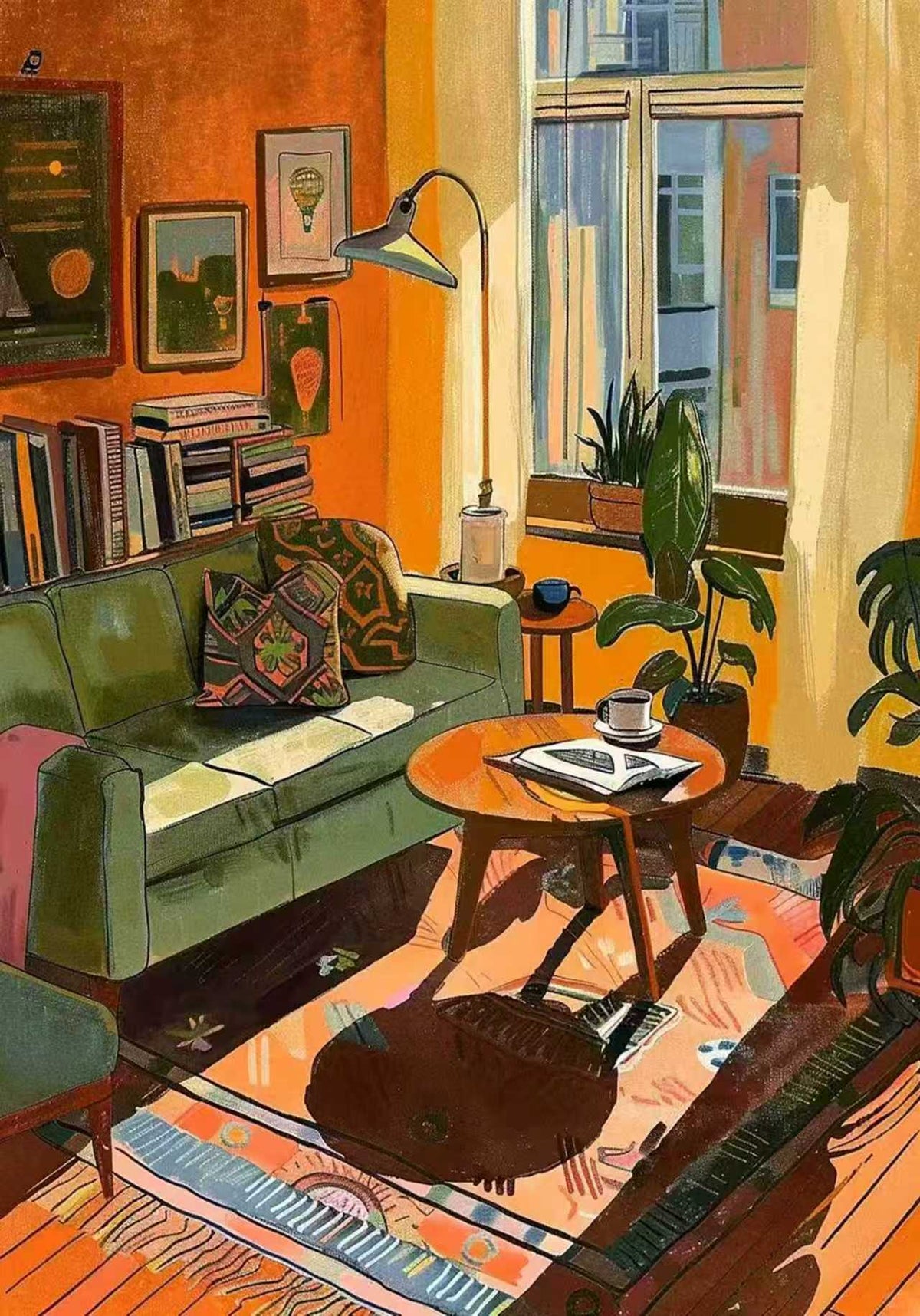 A sunny living room with a green sofa, books and plants