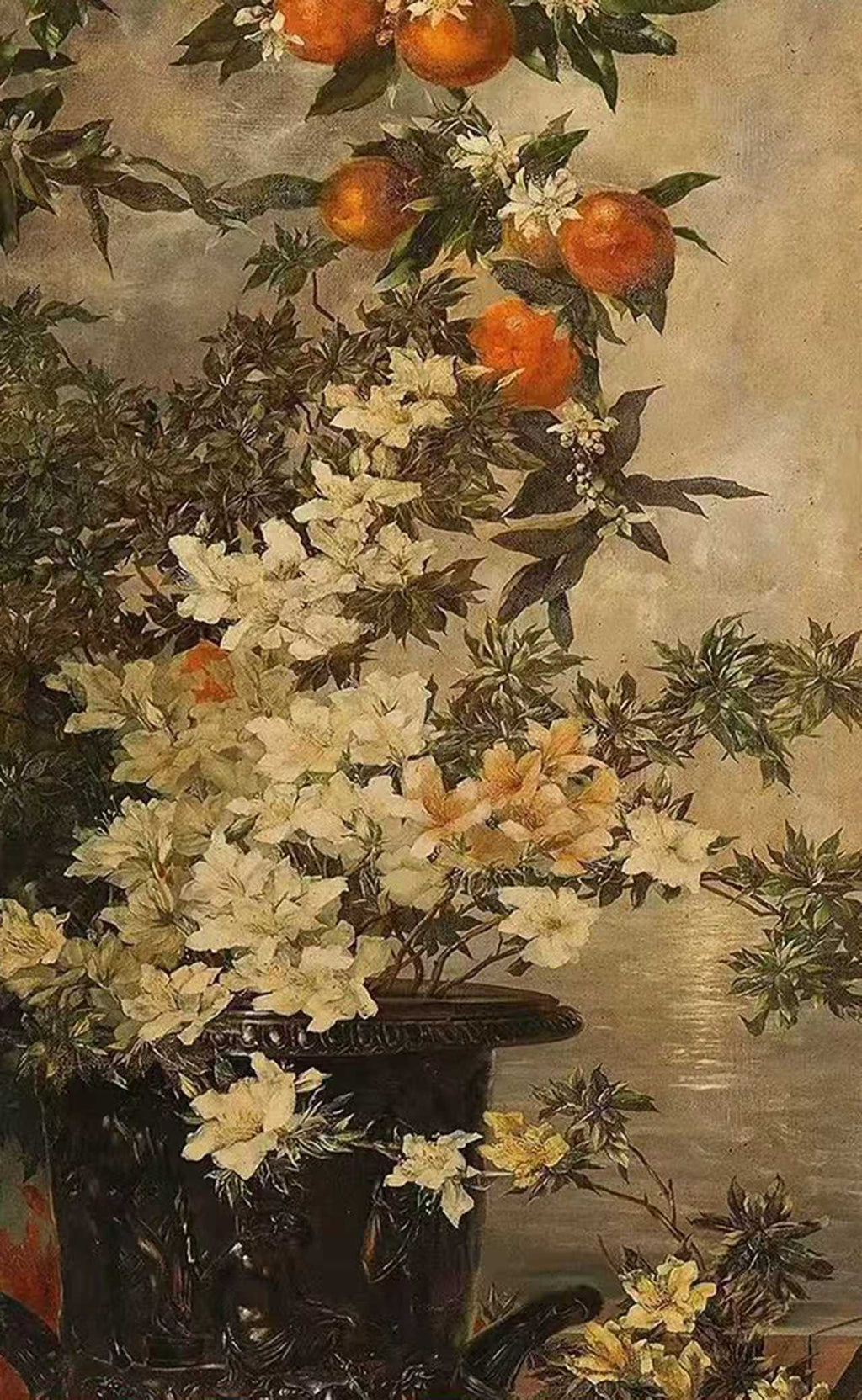Orange fruit and cream blossoms by dark water in old-master tones
