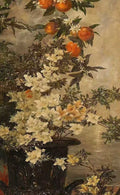 Orange fruit and cream blossoms by dark water in old-master tones