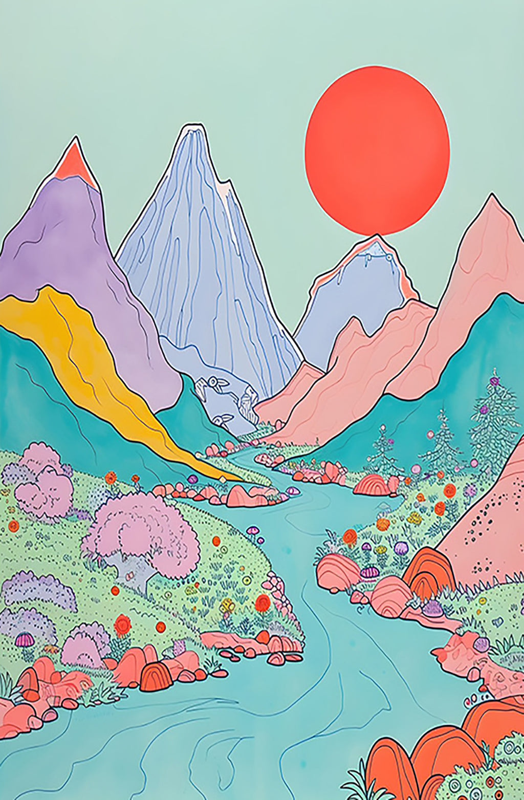 Pastel mountains and a winding river under a big red sun