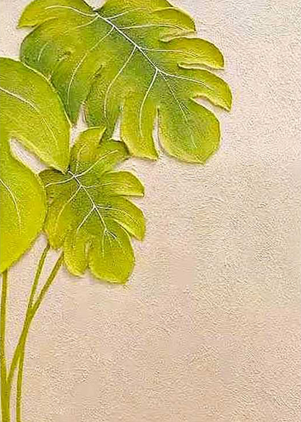 Two lime-green monstera leaves on a textured cream wall