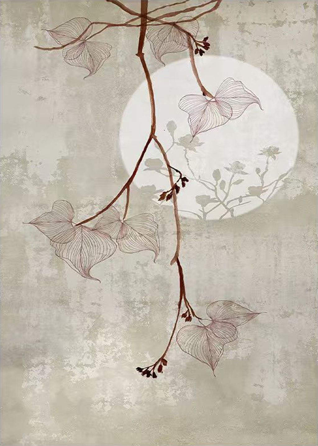 Translucent leaves on a red stem before a pale moon
