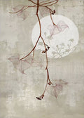 Translucent leaves on a red stem before a pale moon
