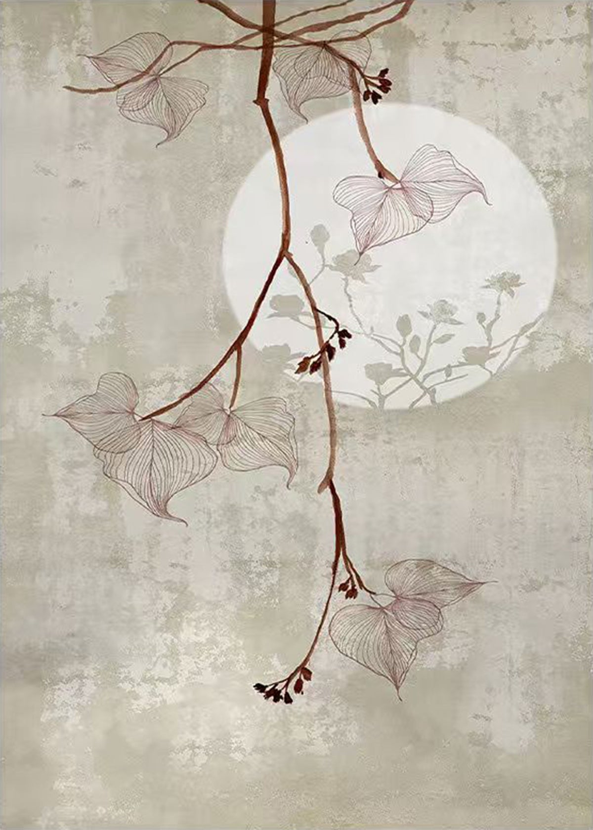 Translucent leaves on a red stem before a pale moon