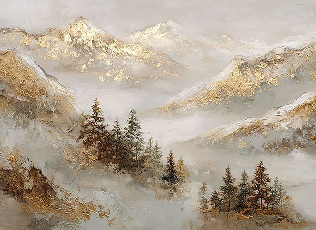 Misty pines below mountains touched with gold leaf