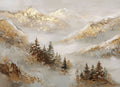 Misty pines below mountains touched with gold leaf