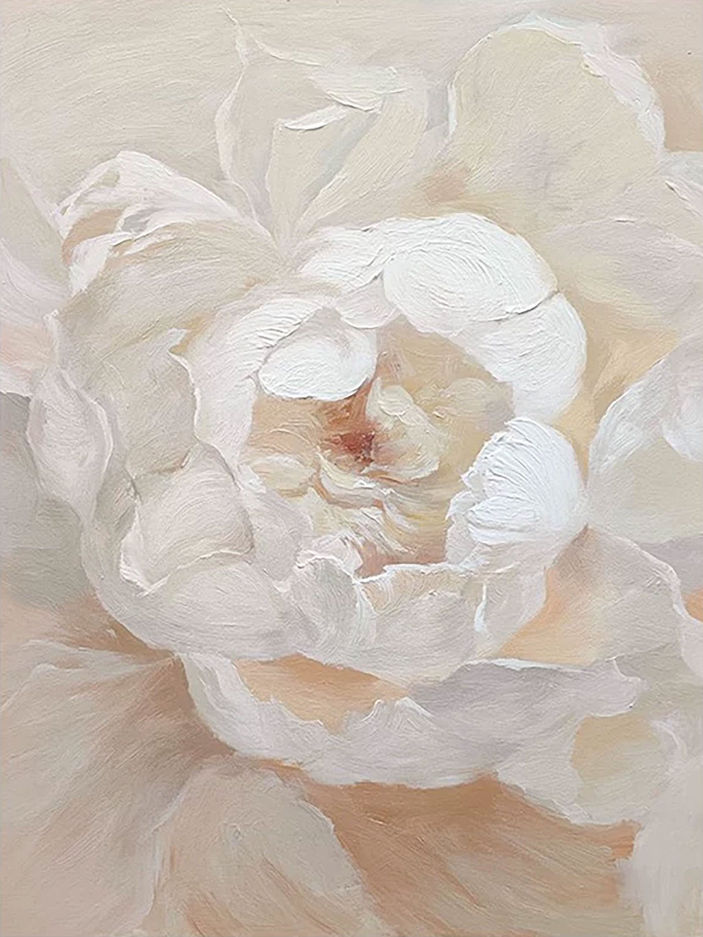 A lush ivory peony in soft palette-knife paint