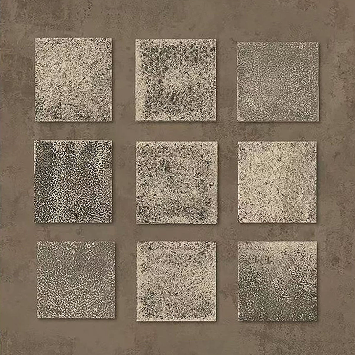 Nine speckled silver squares on a warm taupe ground