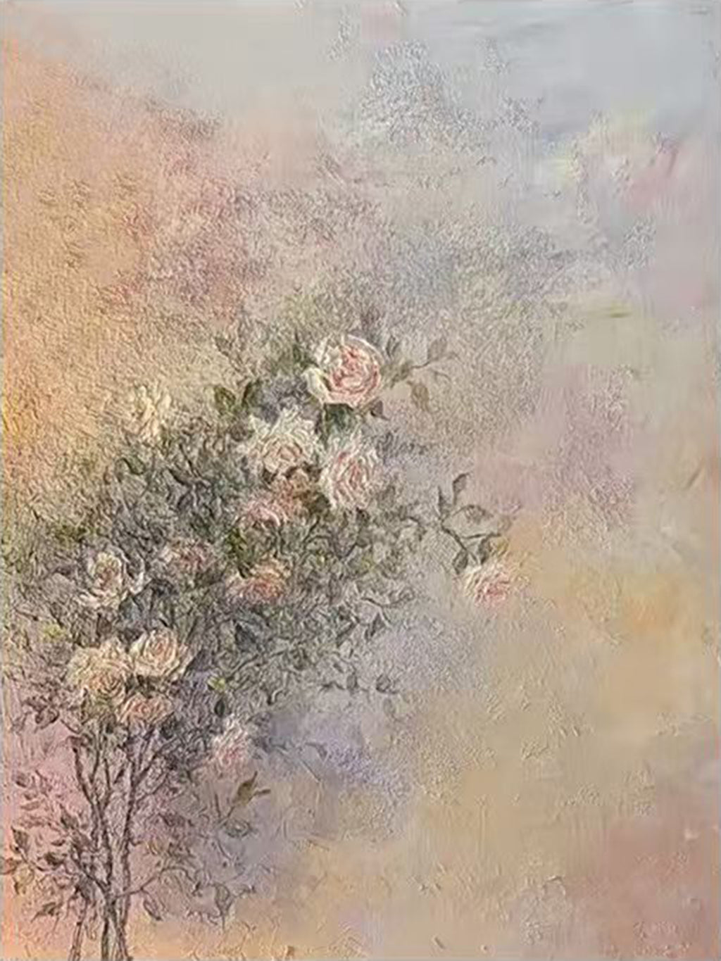 A rose bush dissolving into a pastel lilac and peach haze