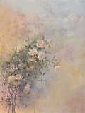 A rose bush dissolving into a pastel lilac and peach haze