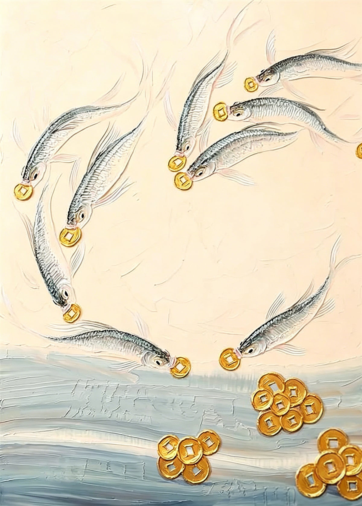 Silver fish leaping among golden coins above pale waves