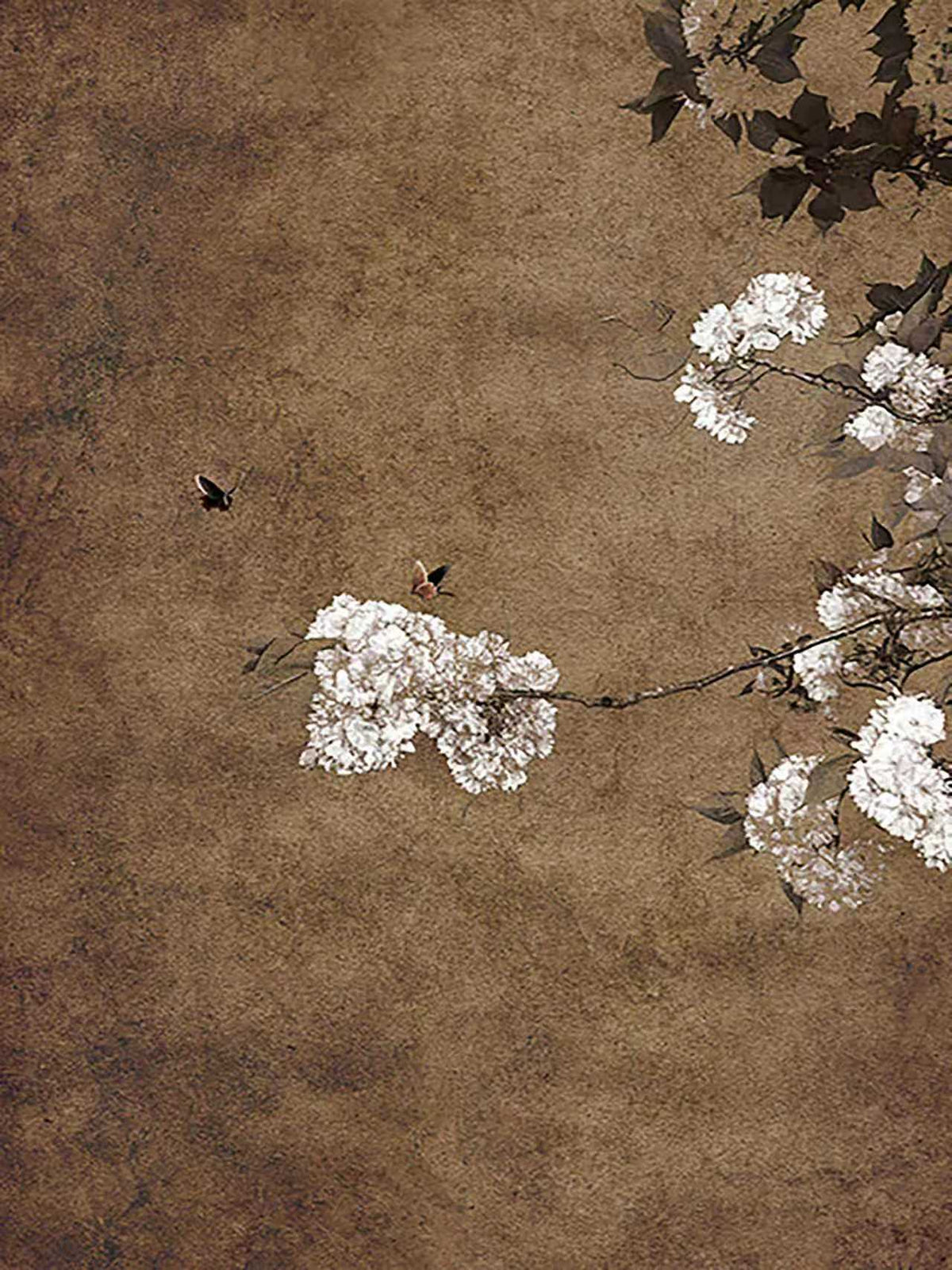 Pale blossoms and a bee drifting across dark bronze