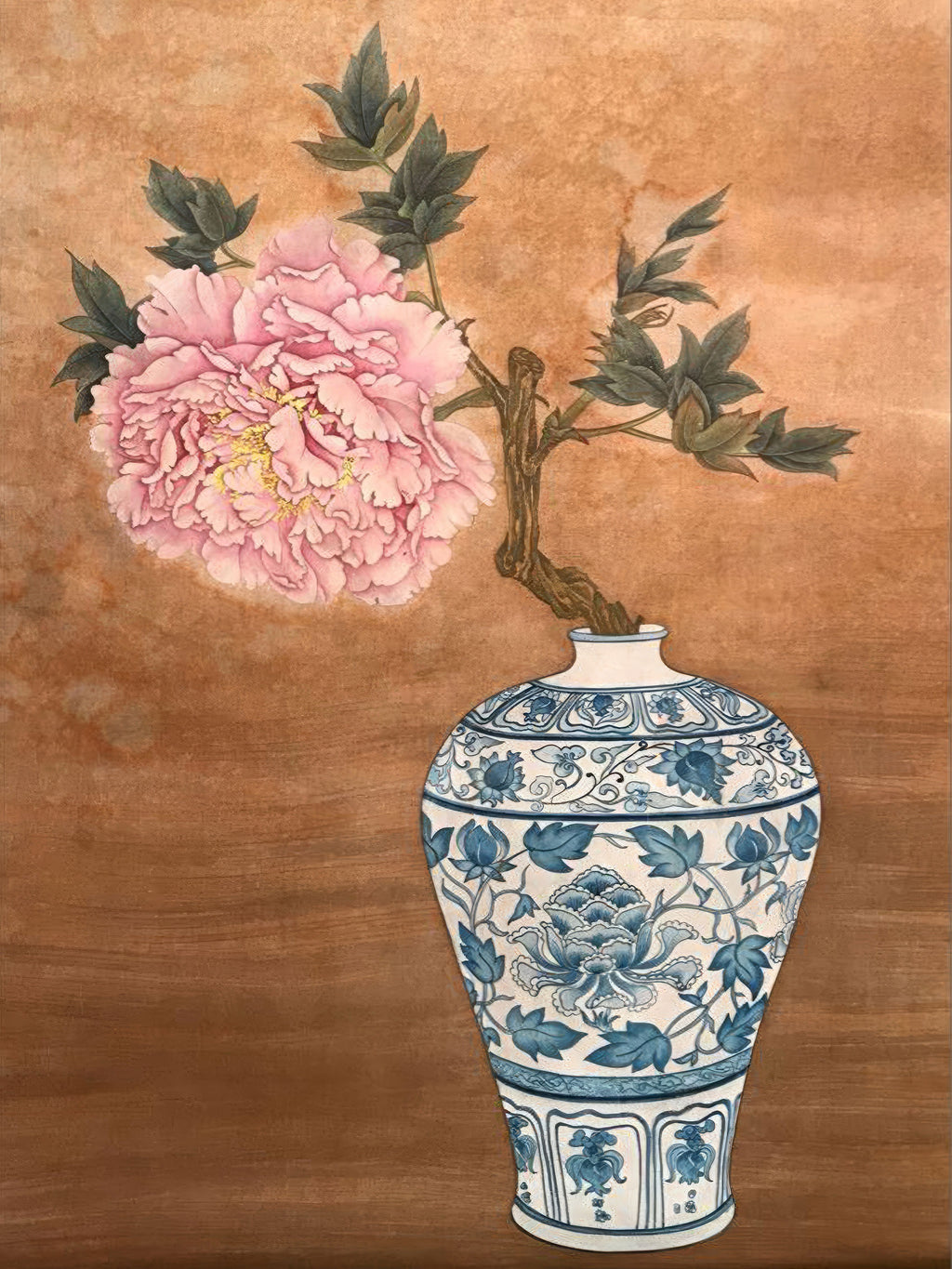 A pink peony branch in a blue-and-white vase on warm brown