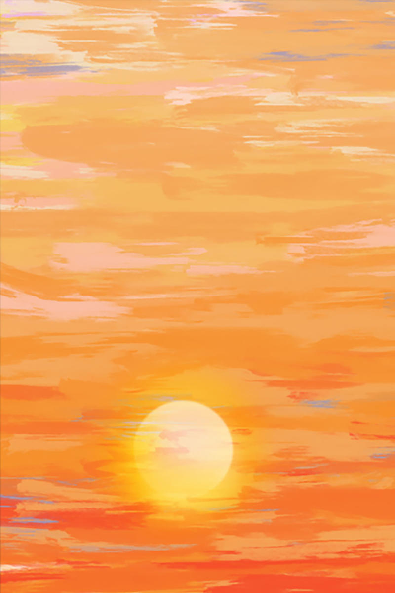 A low sun glowing through bands of tangerine sky