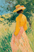 A woman in a yellow blouse and straw hat among tall summer grasses