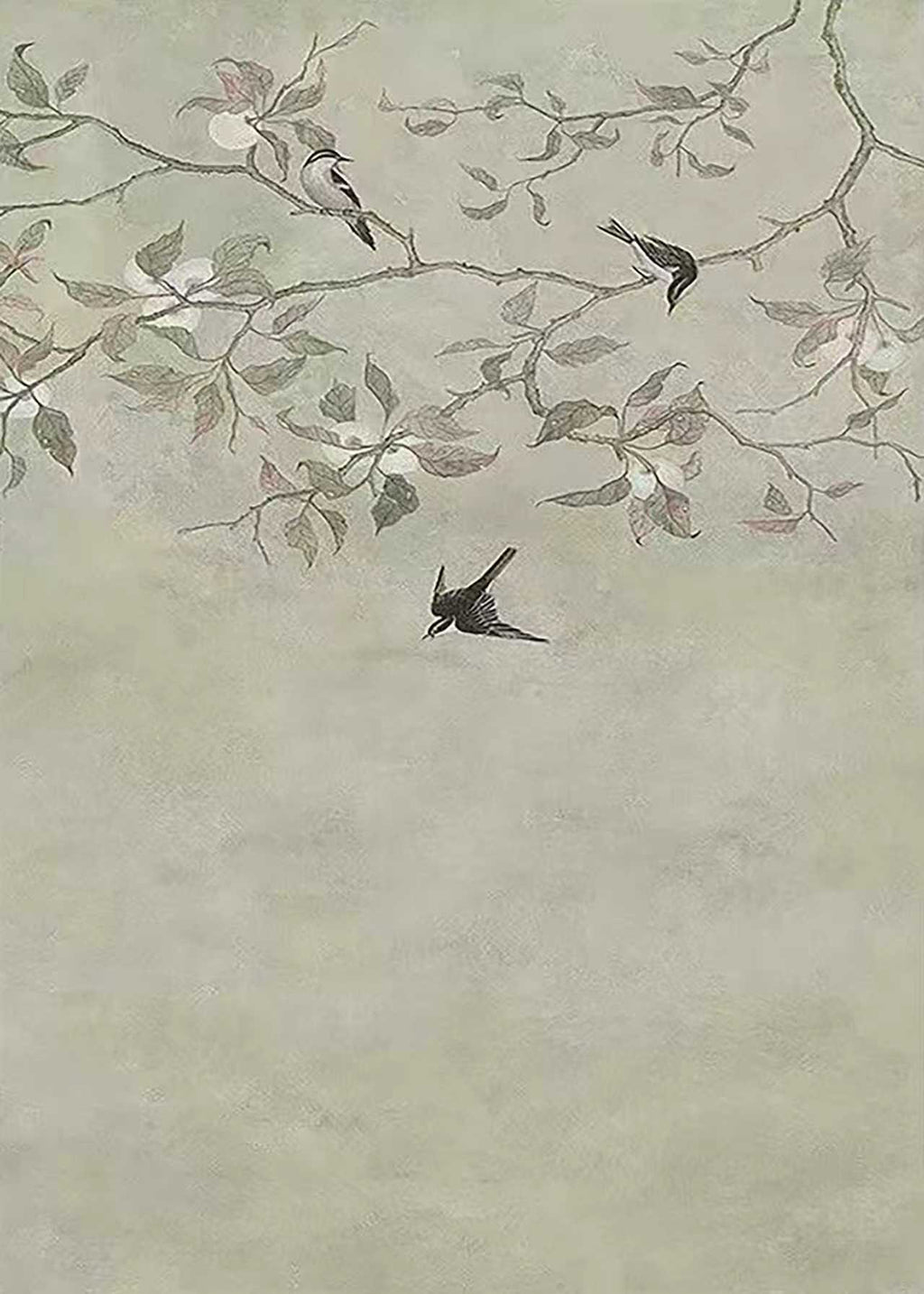 Swallows darting through pale branches on grey-green
