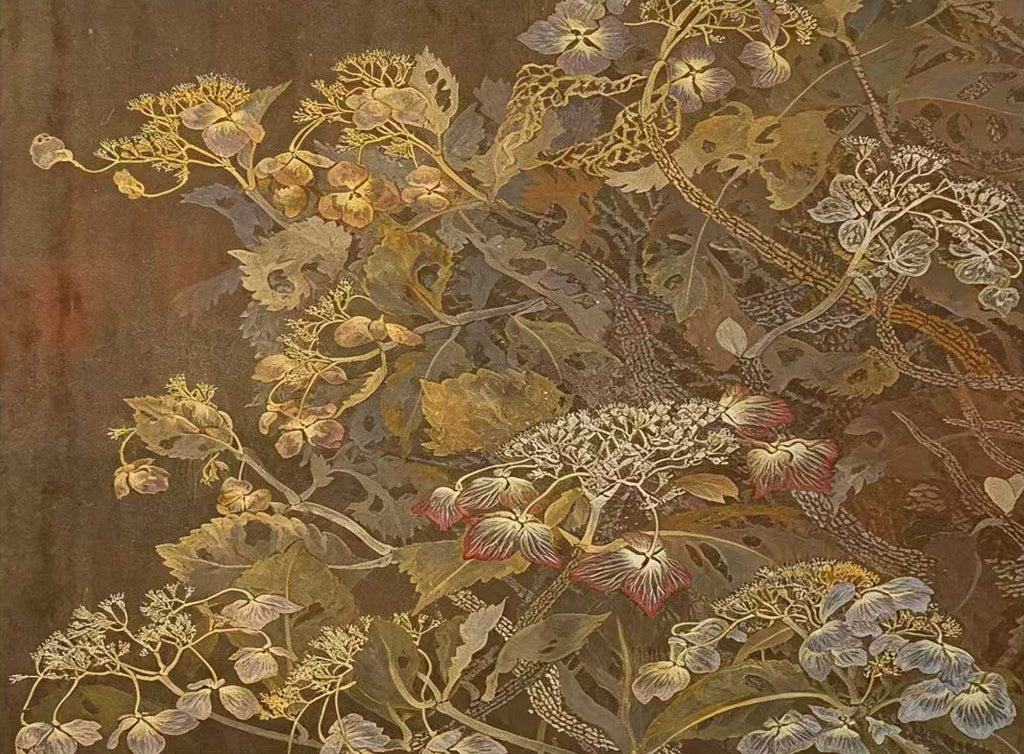 Fine gilded wildflowers and grasses woven over dark olive