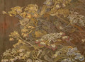 Fine gilded wildflowers and grasses woven over dark olive