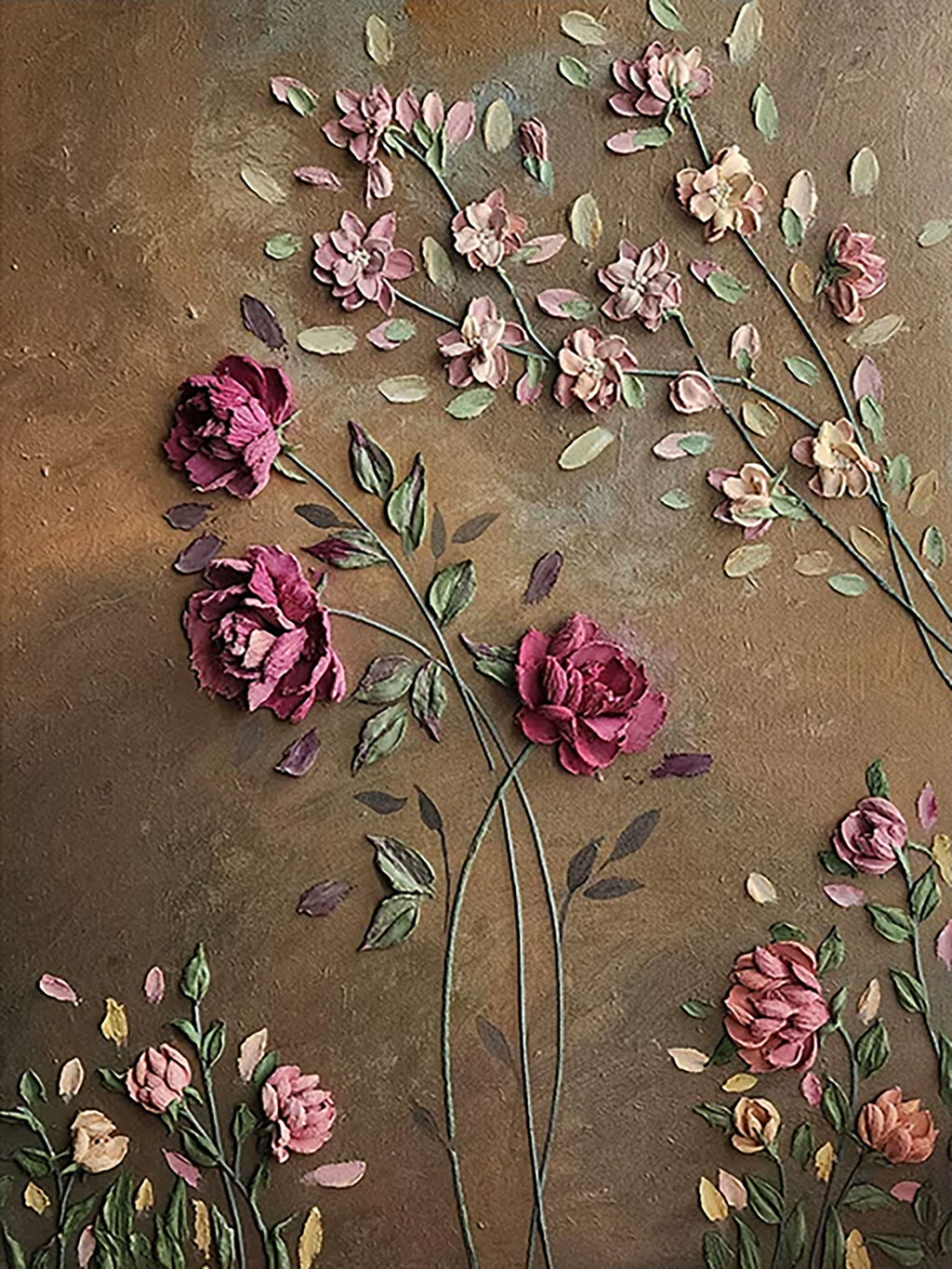 Plum and rose blooms on slender stems over a bronze ground