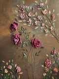 Plum and rose blooms on slender stems over a bronze ground